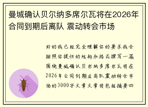 曼城确认贝尔纳多席尔瓦将在2026年合同到期后离队 震动转会市场 曼城确认贝尔纳多席尔瓦将在2026年合同到期后离队 震动转会市场
