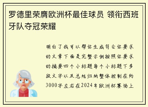 罗德里荣膺欧洲杯最佳球员 领衔西班牙队夺冠荣耀